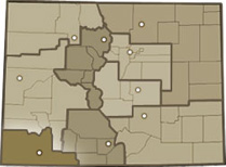 Map of Colorado highlighting the Four Corners region
