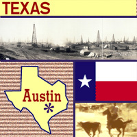 graphic map, flag and images of Texas