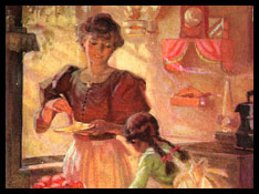Illustration of a woman and young girl cooking in an old-fashioned kitchen
