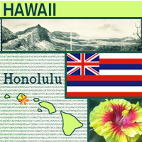 graphic map, flower and images of Hawaii