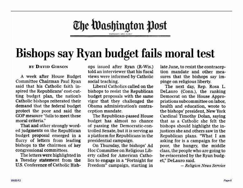 Bishops Say Ryan Budget Fails Moral Test