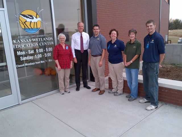 Photo: Pray for rain! Cheyenne Bottoms are completely dry, another indication of how dry it is in most of Kansas. Today I stopped by the Wetlands Educational Center at Cheyenne Bottoms. I appreciate the briefing I received from the folks there. The Center is managed by Ft. Hays State University. Pictured with me are Linda Penner, Curtis Wolfe, Jean Aycock, Pam Martin and FHSU graduate student, Brian Gaston.