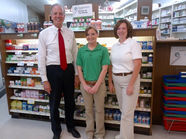 Photo: I had a lot of good conversations along Main Street in WaKeeney this afternoon. This one at Gibson Health Mart focused on health care and the election with Pharmacist Sarah Ashmore and Sammy Augustine, a Ft. Hays student and Pharmacy Assistant. I chair the Senate Pharmacy Caucus and these conversations back home help me with my work in Washington.