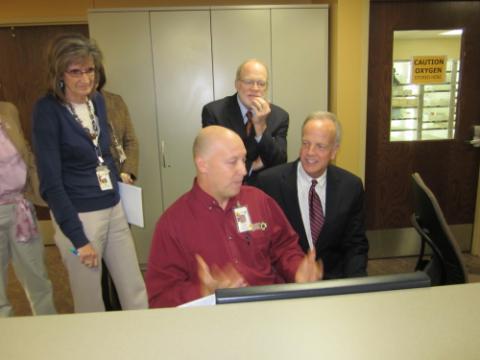 Photo: I stopped in Lawrence yesterday to visit Lawrence Memorial Hospital and learn about how hospital is utilizing technology to improve patient care.  LMH was recently recognized as one of the nation’s “Most Wired” hospitals in 2012. The Hospital has also been praised for its successful adoption and use of health information technology to improve patient care, safety and efficiency. I had the opportunity to learn first hand about the technology and IT specialties at LMH from Greg Burger, Tom Bell (KHA) and Jane Maskus, Chief Information Officer/VP of IT. Thanks for such an informative visit.