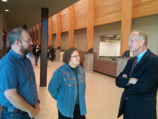 Photo: Visiting with Sherri Rankin and Allen Pinkall, both Hutchinson Community College math instructors, at the Richard  E. Smith Science Center.