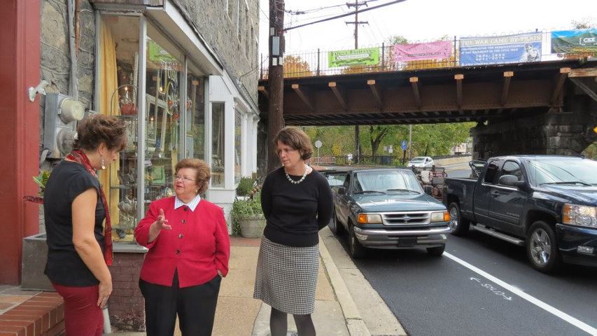Photo: Senator Mikulski and Councilwoman Watson meet with a small business owner on Ellicott City's historic Main Street.