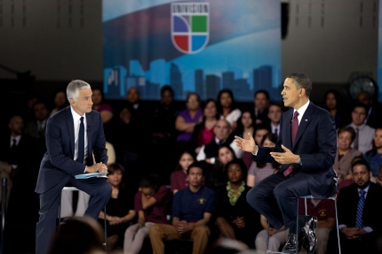 President Barack Obama with moderator Jorge Ramos at a Town Hall Meeting Hosted by Univision - Spanish