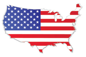 Geographical outline of the U.S. with U.S. flag overlaid. 