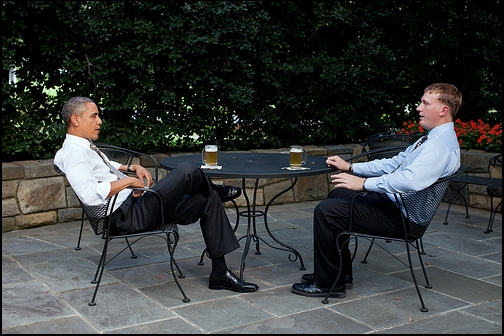 President Barack Obama enjoys a beer with Dakota Meyer