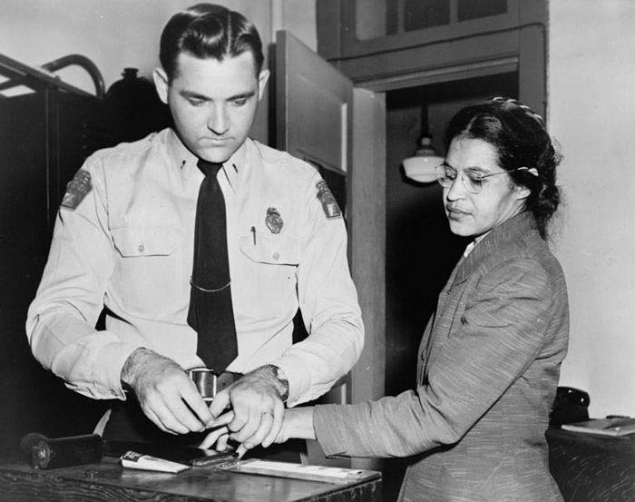 Woman fingerprinted. Mrs. Rosa Parks, Negro seamstress, whose refusal to move to the back of a bus touched off the bus boycott in Montgomery, Ala.