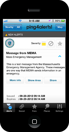 Screenshot of MEMA alert on Ping4 app. In an emergency a message could be from the Massachusetts Emergency Management Agency that would describe the emergency situation and may provide instructions. There also may be links to share and get more information.