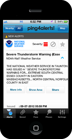 Screenshot of National Weather Service Alert on Ping4 app. In an emergency a message could be from the National Weather Service that would describe the severe weather event including the location and timing.