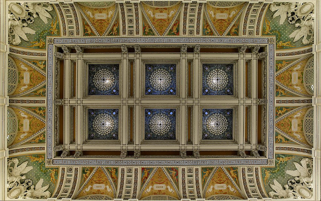 [Great Hall. View of ceiling and cove, showcasing the aluminum plating, stained glass windows, sculpture and murals. Library of Congress Thomas Jefferson Building, Washington, D.C.] (LOC)