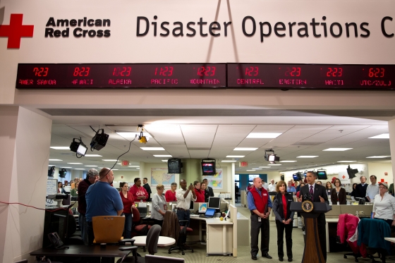 President Obama delivers remarks during his visit to the Disaster Operation Center at the Red Cross