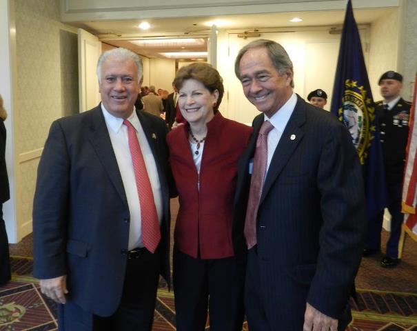 Photo: Senator Jeanne Shaheen spoke at the 5th annual Easter Seals New Hampshire Veterans Count Club Breakfast to honor the club for the support it has given to over 2,000 veterans and their families. The Veterans Count Club is a membership organization whose purpose is to ensure veterans and their families have access to assistance during times of need. Pictured from left to right are Manchester Mayor Ted Gatsas, Senator Shaheen and Larry Gammon, President and CEO of Easter Seals New Hampshire. (October 24, 2012. Manchester, NH)