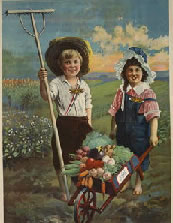 poster. showing two bare-foot children with a wheelbarrow full of vegetables.