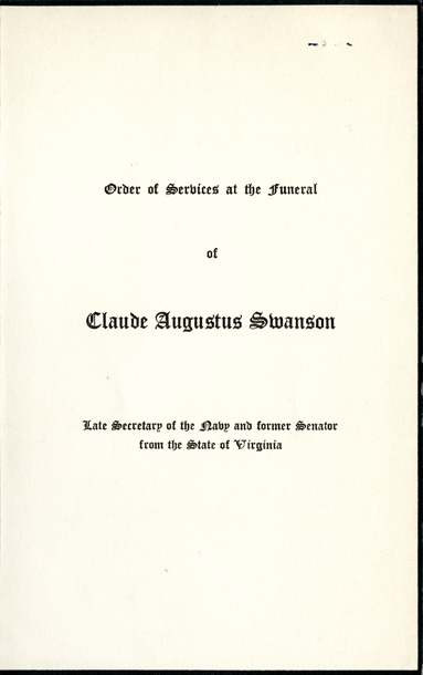 Image:  Order of Services, 1939 Claude A. Swanson Funeral (Cat. no. 11.00004.00g)