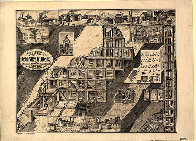 Engraved print of Comstock Lode mine