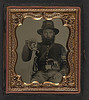 [Unidentified soldier in Union cavalry uniform and Hardee hat with European import saber and French LeFaucheux pinfire revolver] (LOC) by The Library of Congress
