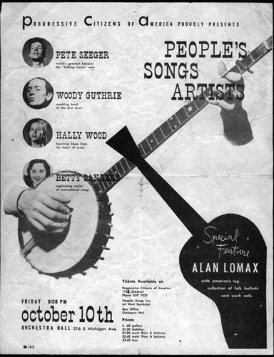 Concert flyer featuring Woody Guthrie, Pete Seeger, and Lomax