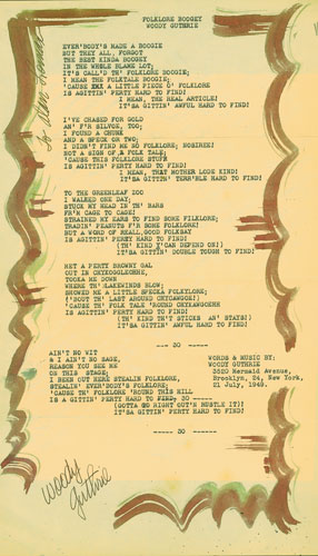 Lyrics to "Folklore Boogie" signed by Woodie Guthrie