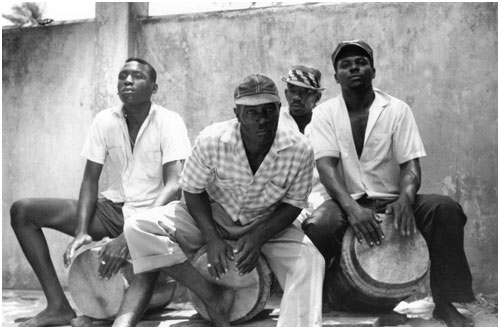 Men playing drums from Mayoro, Trinidad, 1962