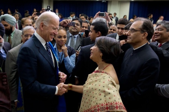 Vice President Joe Biden greets Indian Ambassador to the United States Ambassador Nirupama Rao