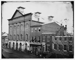 [Washington, D.C. Ford's Theater with guards posted at entrance and crepe draped from windows]