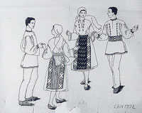 Drawing of Romanian dancers in cosutme
