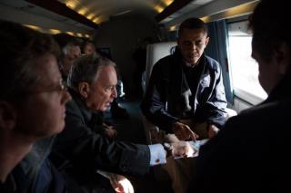 Photo: New York Mayor Michael Bloomberg points out areas on a map of the region during an aerial tour of Hurricane Sandy storm damage, aboard Marine One in New York, N.Y., Nov. 15, 2012. Joining the President, from left, are: Secretary of Housing and Urban Development Shaun Donovan; Secretary of Homeland Security Janet Napolitano; and New York Governor Andrew Cuomo. (Official White House Photo by Pete Souza) http://wh.gov/sandy