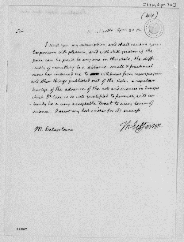 Image 1145 of 1146, Thomas Jefferson to Joseph Delaplaine, April 30, 1