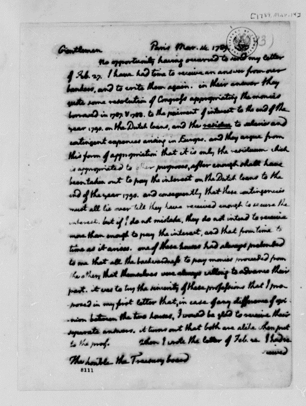 Image 1181 of 1182, Thomas Jefferson to Treasury Board, March 14, 1789