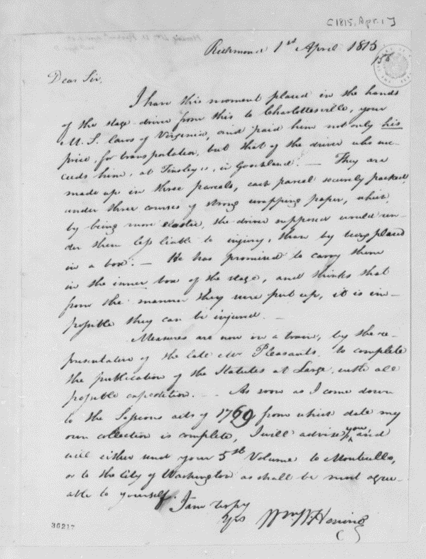 Image 1 of 1188, William Waller Hening to Thomas Jefferson, April 1