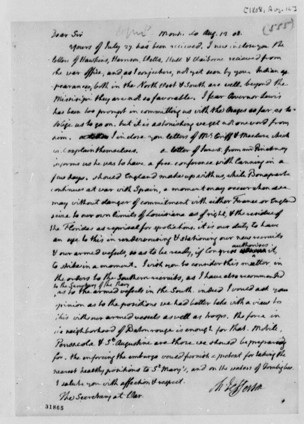 Image 2 of 1384, Thomas Jefferson to Henry Dearborn, August 12, 180