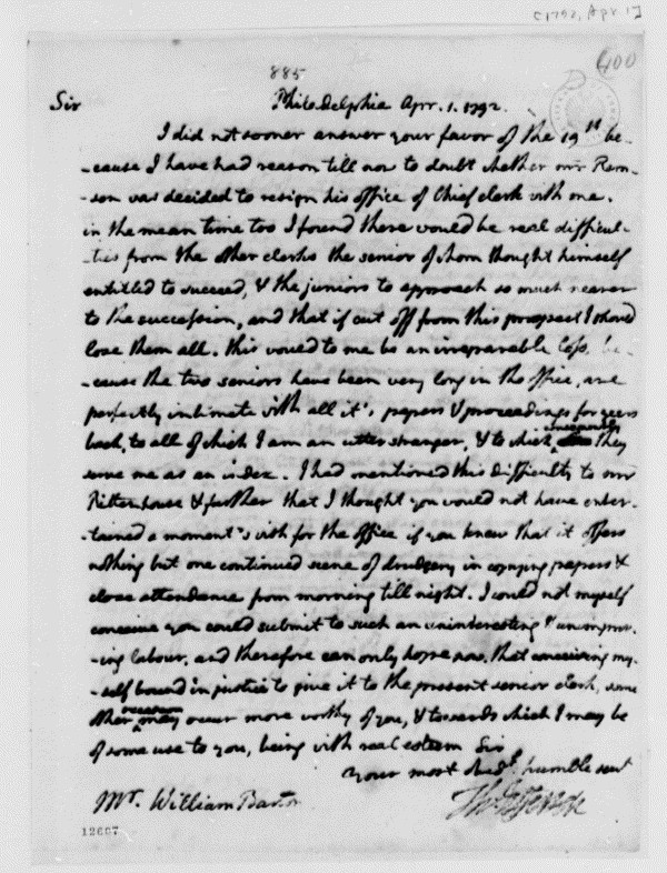 Image 2 of 1215, Thomas Jefferson to William Barton, April 1, 1792,