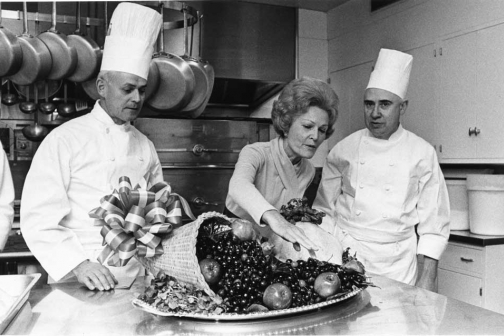 Pat Nixon with the White House Chefs in the kitchen