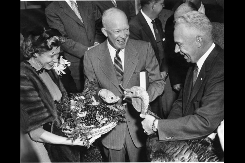 Dwight D Eisenhower receives a 43-pound turkey