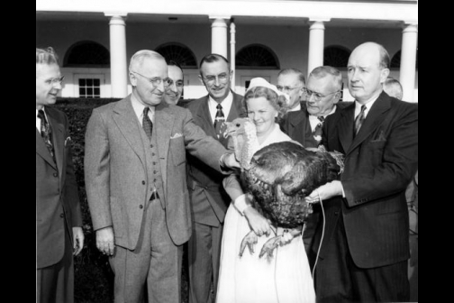 Harry S Truman receiving a Thanksgiving turkey