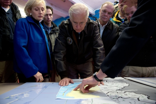 Vice President Joe Biden receives a briefing by Bob Fenton, Assistant Administrator for Disaster Response, FEMA