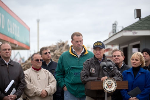 Vice President Joe Biden gives remarks after touring the damaged boardwalk
