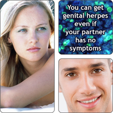 Collage of people and the herpes virus. You can get genital herpes even if your partner shows no signs of the infection