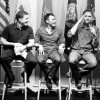 Left to right: Comedians from the all-veteran GIs of Comedy troupe, Air Force Maj. Jose Sarduy, retired Staff Sgt. Thom Tran, former Pfc. Tom Irwin and former Marine Sgt. Will âC.,â along with fellow veteran comic Capt. Jody Fuller, tell funny war stories during a performance at Fort Meade, Md., Nov. 9, 2012. The GIs of Comedy are currently touring installations nationwide. (Photo by Staff Sgt. Sean Harp, 55th Signal Company-Combat Camera)