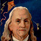 A trading card drawing of Ben Franklin with lightning