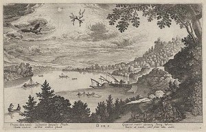 Print portrays the mythological story of Icarus showing him falling from the sky over a large river. Includes four lines of verse.