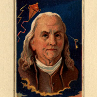 A trading card drawing of Ben Franklin with lightning