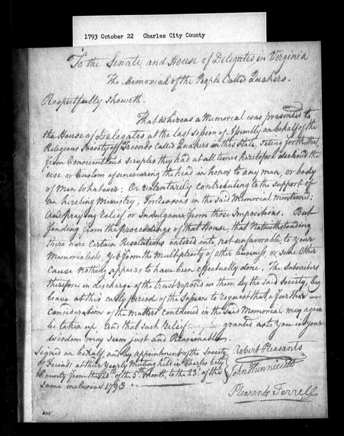 Image 1 of 4, October 22, 1793, Charles City, Quakers, asking th