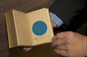 The 1861 Lincoln Inaugural Bible, opened to the page signed by the clerk of the Supreme Court, William Thomas Carroll, attesting that the book was used for Lincoln's oath of office