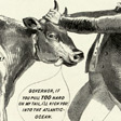 Detail of a political cartoon showing a man pulling on a cow's horns.