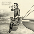 A political cartoon showing a man seated in a saddle at the bow of a boat.