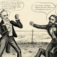 Detail from a political cartoon showing two men in boxing postures.